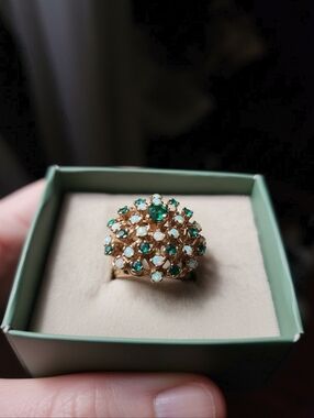 Vintage 18kt Sunburst Opal And Tourmaline Ring